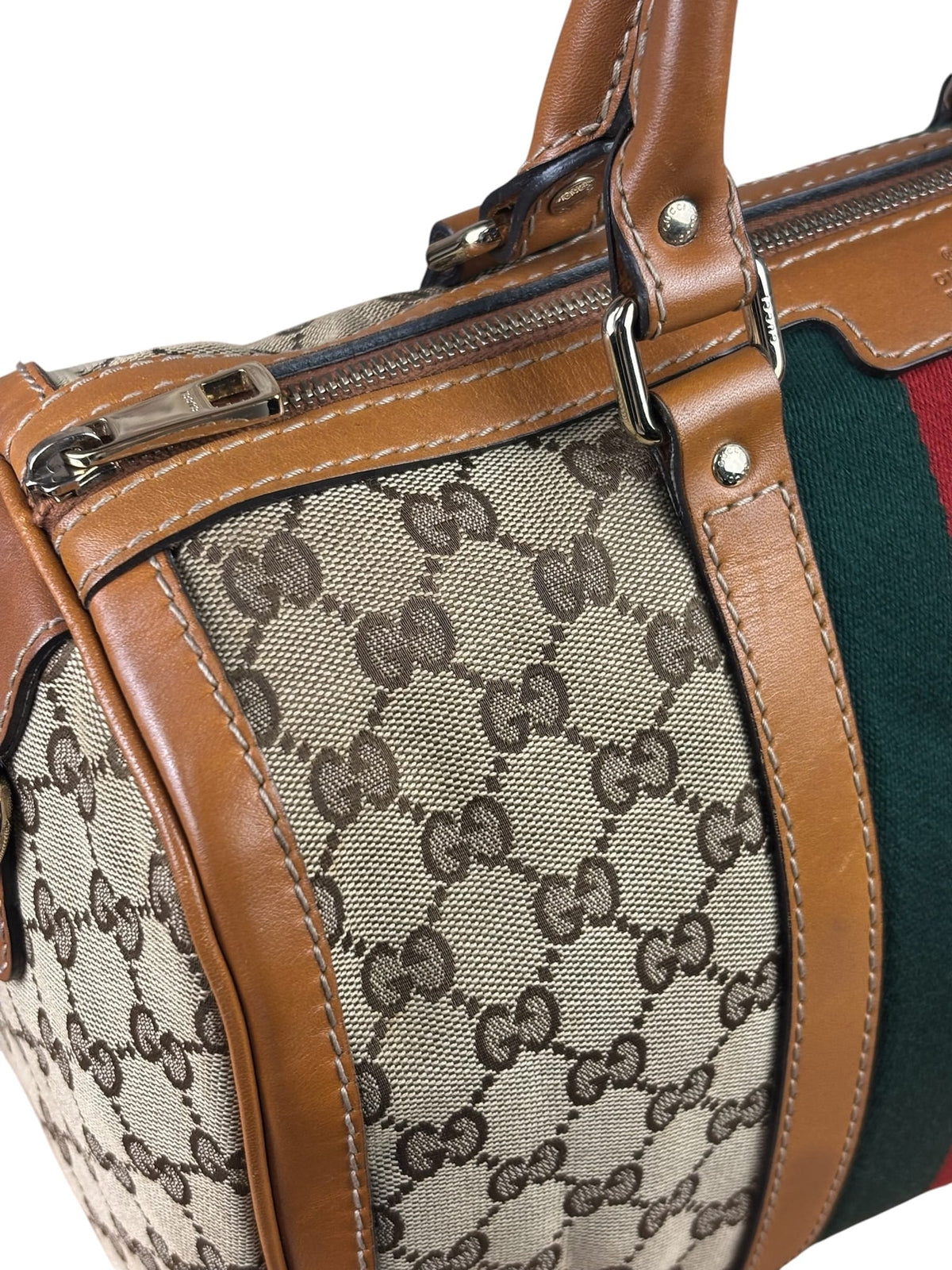 Gucci Beige/Brown GG Web Boston Two-Way Bag