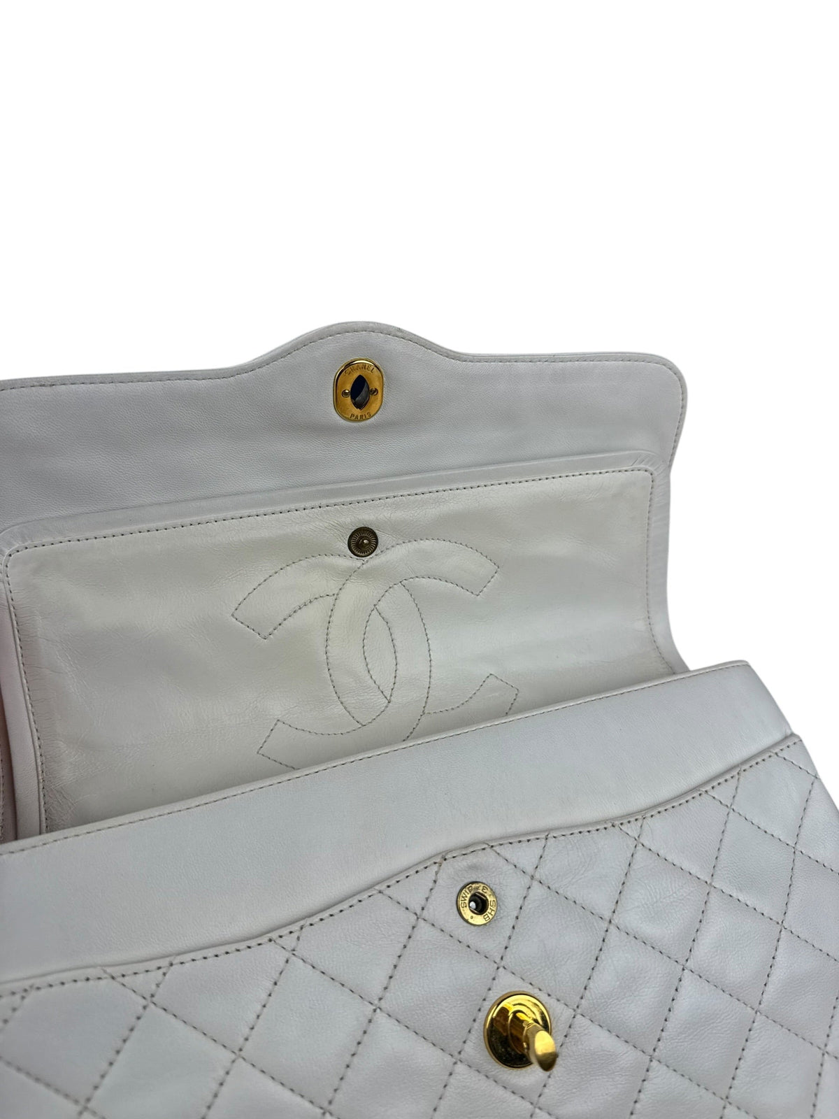 Chanel CC White Quilted Double Flap Bag 1988