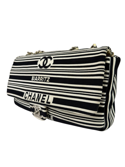 Chanel Black/White Leather Trim/Cloth Venise Biarritz Flap Bag 2019