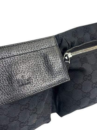 Gucci Black Leather Trim GG Double Pocket Bel Bag