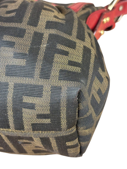 Fendi Beige/Red Leather Trim Zucca Chef Flap Bag
