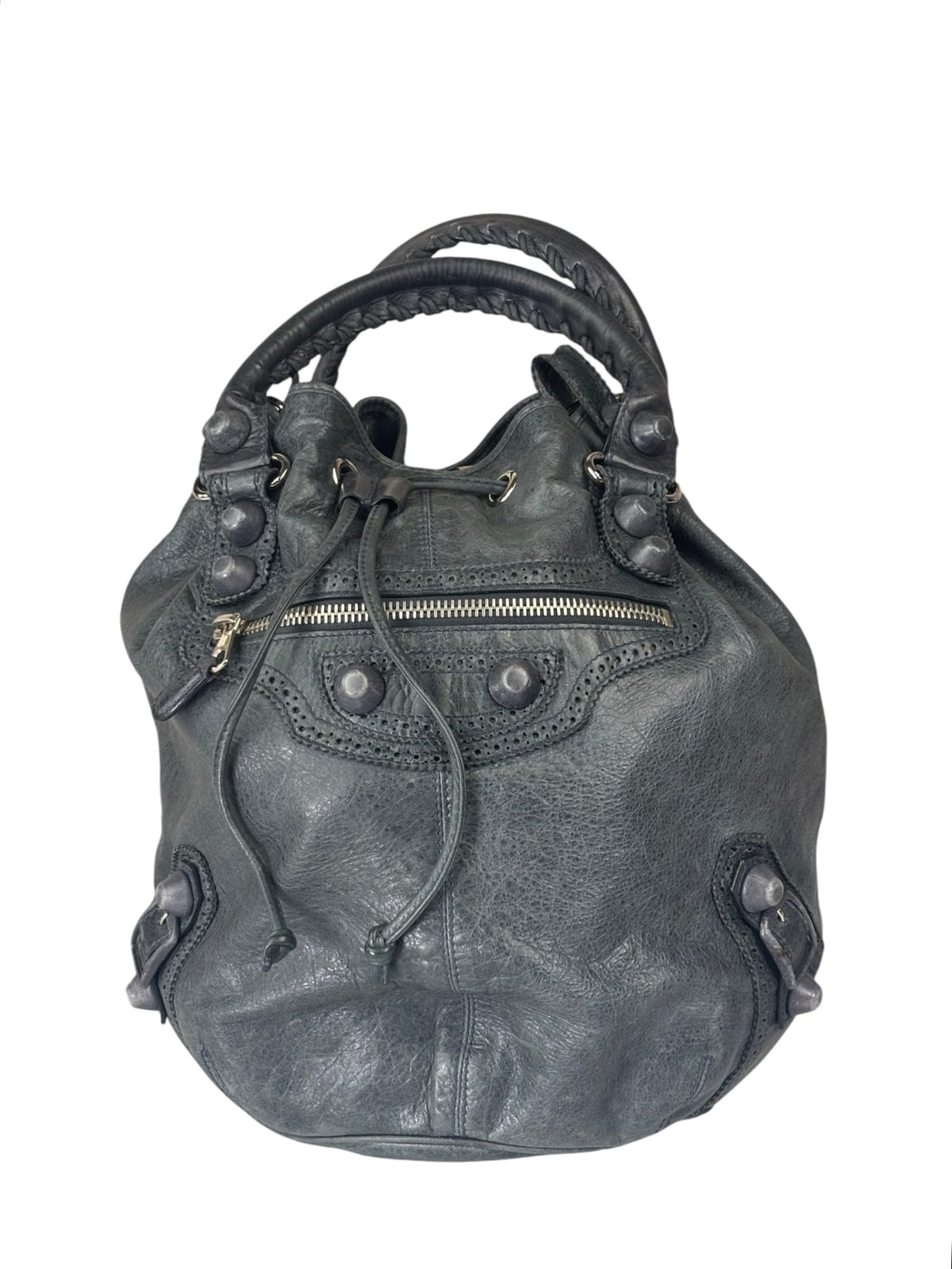 Balenciaga Grey Lambskin Giant Brogues Pompom Two-Way Bag