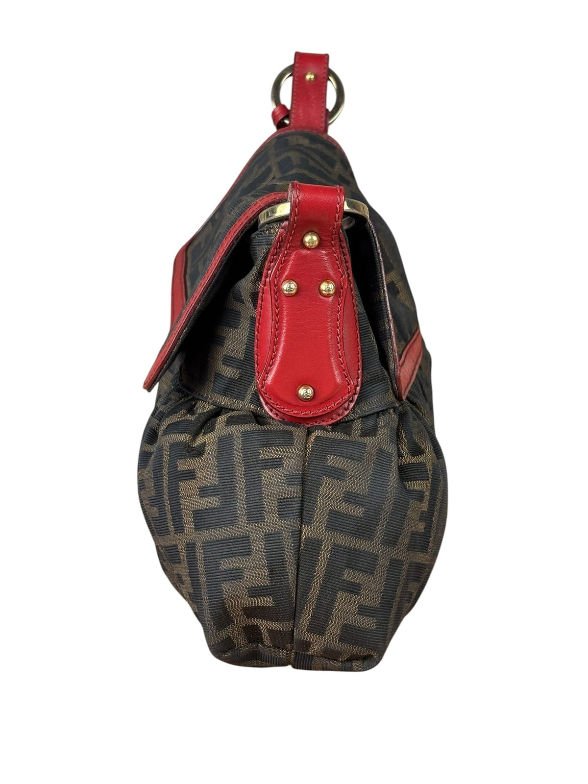 Fendi Beige/Red Leather Trim Zucca Chef Flap Bag
