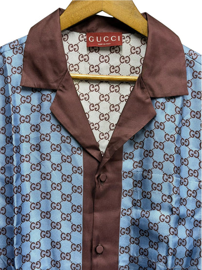 Gucci Brown/Blue Canvas GG Printed Silk Twill Short Sleeve Shirt
