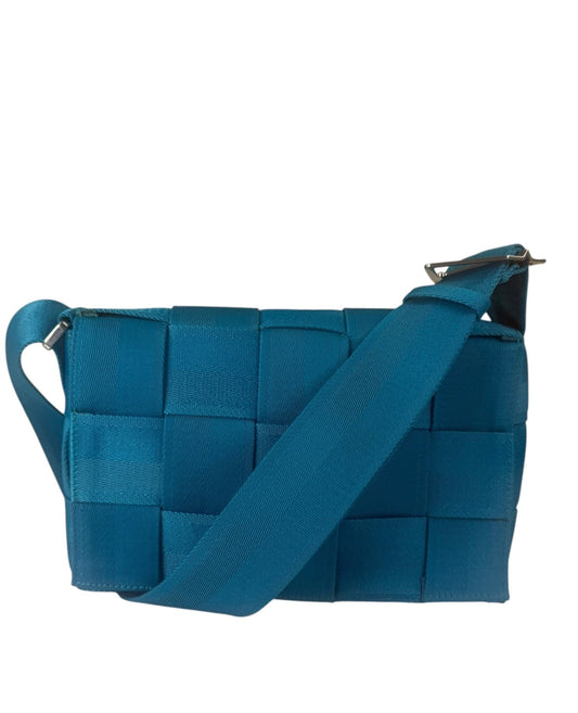 Bottega Veneta Teal Blue Intrecciato Cassette Flap Crossbody Bag
