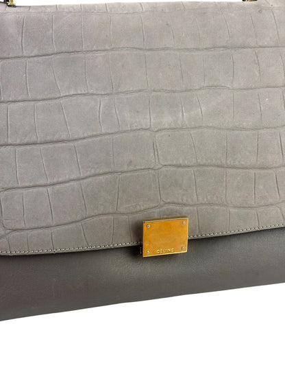 Celine Grey Suede/Leather Crocodile Embossed Trapeze Two-Way Bag