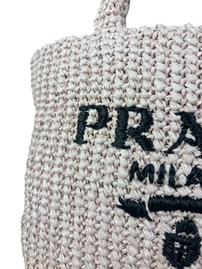 Prada Pink Raffia Woven Crochet Logo Tote Bag