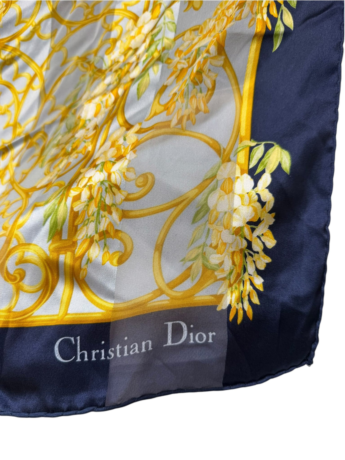 Christian Dior Dark Blue Borders Architectural Scroll Silk Scarf