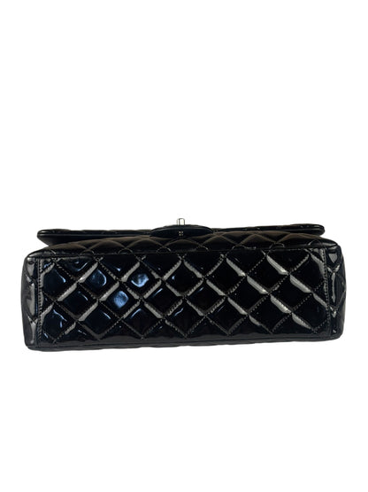 Chanel Black Patent Leather Quilted Leather Double Flap Jumbo Bag 2012