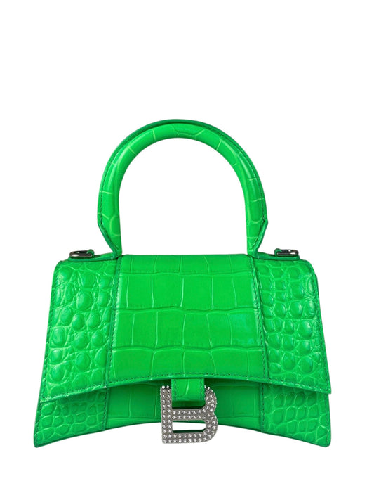 Balenciaga Fluo Green Crocodile Embossed Hourglass XS Two-Way Bag
