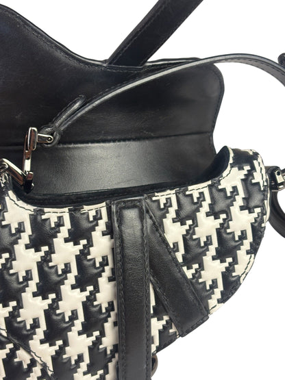 Christian Dior White/Black Leather Houndstooth Micro Saddle Bag