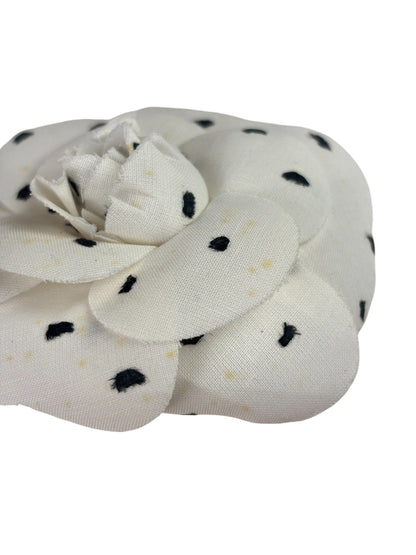 Chanel White Silk Polka Dots Camellia Flower Brooch
