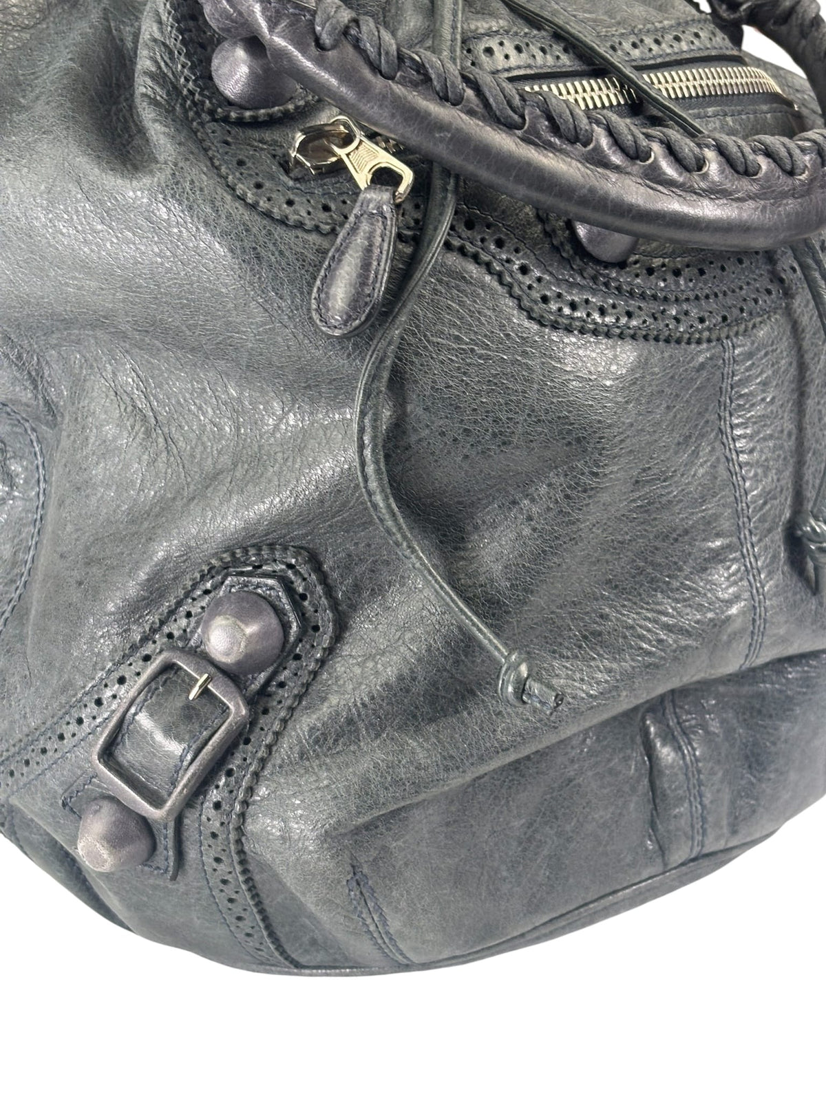 Balenciaga Grey Lambskin Giant Brogues Pompom Two-Way Bag
