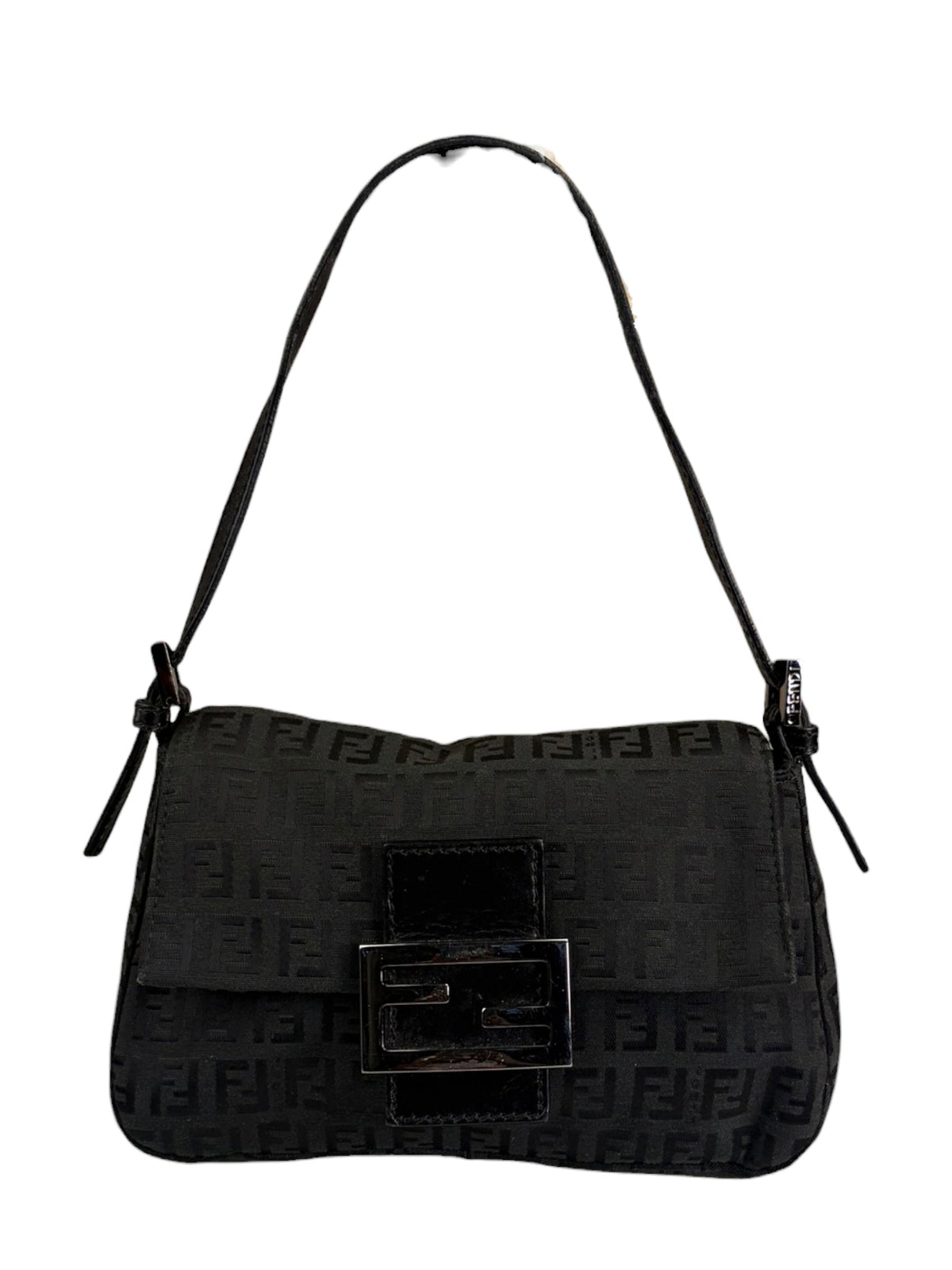 Fendi Black Leather Trim Zucca Baguette