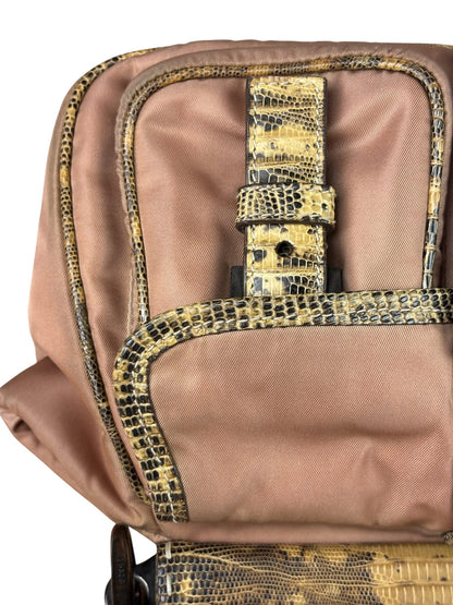 Prada Soft Dusty Rose Tessuto Nylon Snakeskin Trim Multi-Pocket Shoulder Bag