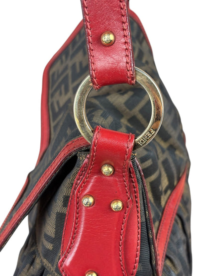 Fendi Beige/Red Leather Trim Zucca Chef Flap Bag