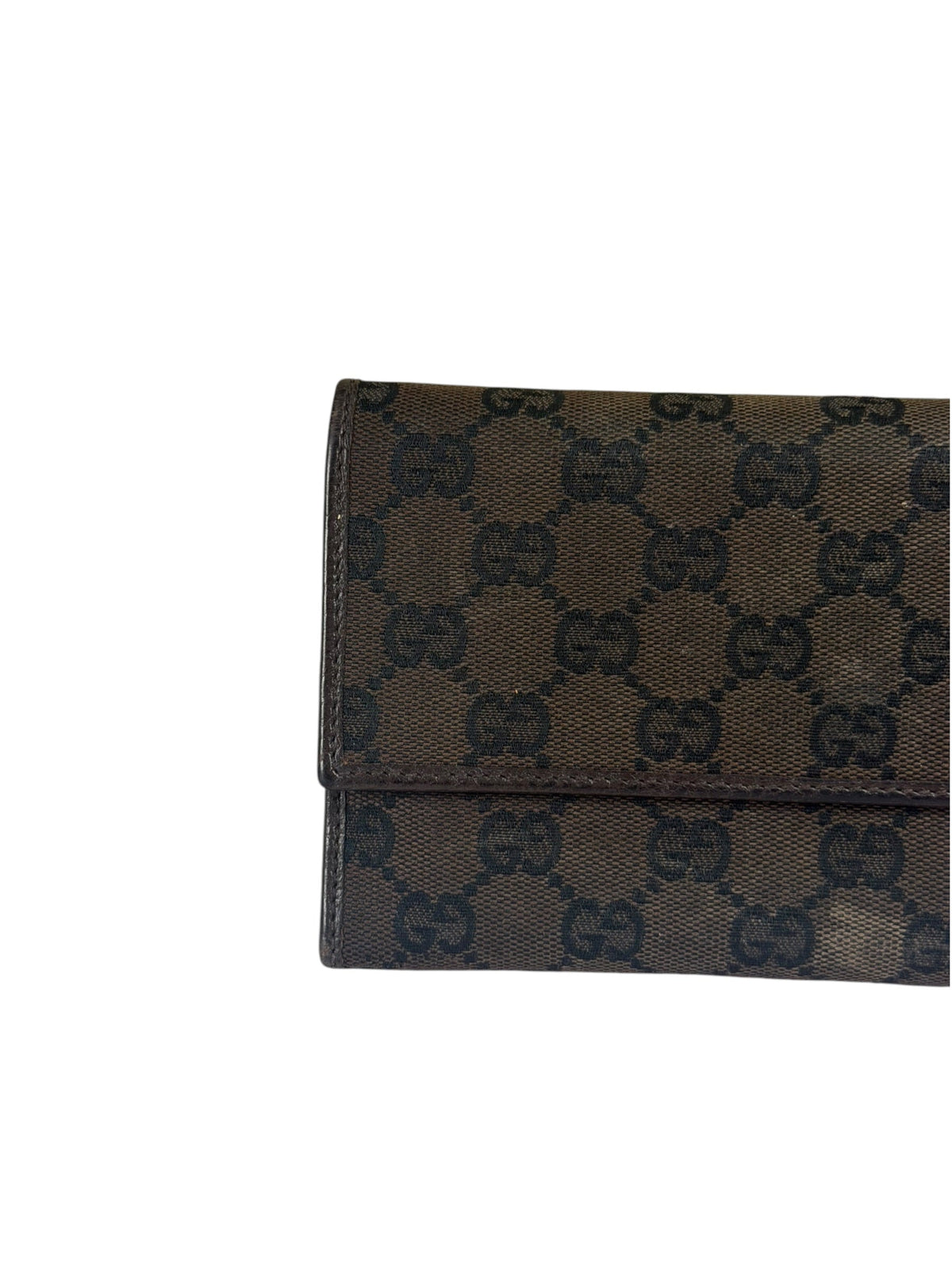 Gucci Brown Leather Trim GG TriFold Long Wallet