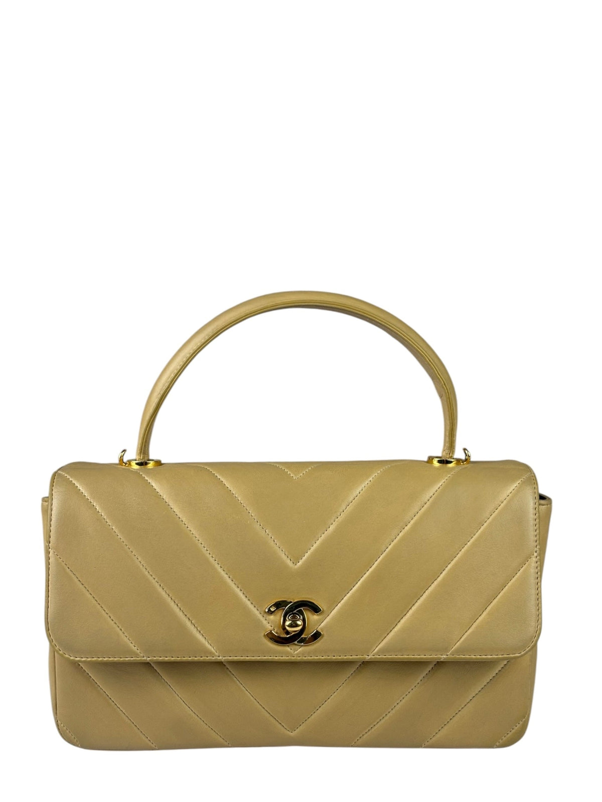 Chanel Vintage Beige Lambskin Chevron Coco Handle Flap Two-Way Bag 1991