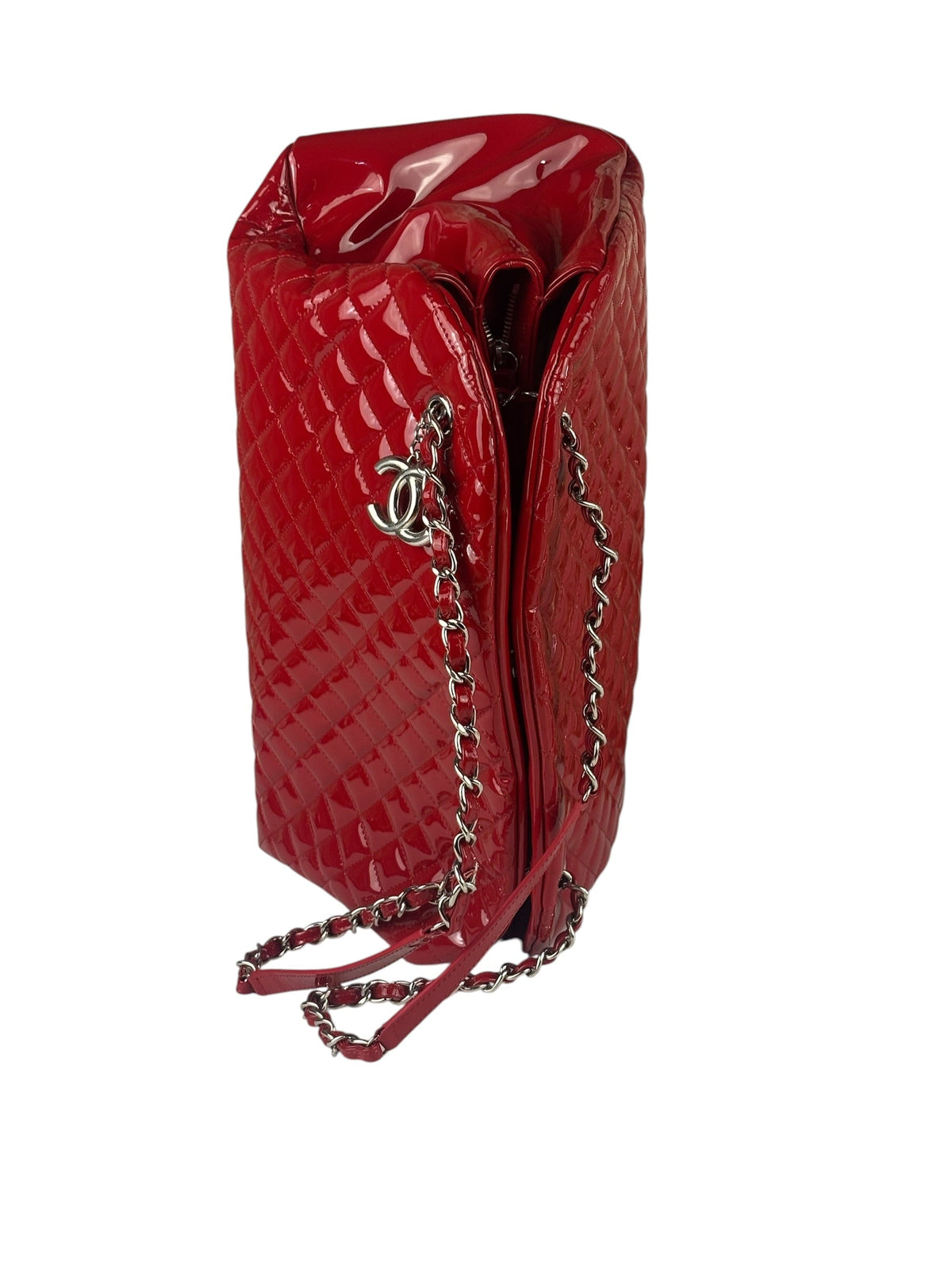 Chanel Red Patent Quilted Leather Large Just Mademoiselle Bowling Bag