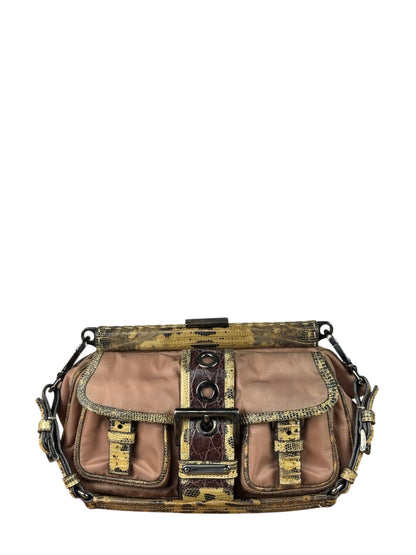 Prada Soft Dusty Rose Tessuto Nylon Snakeskin Trim Multi-Pocket Shoulder Bag