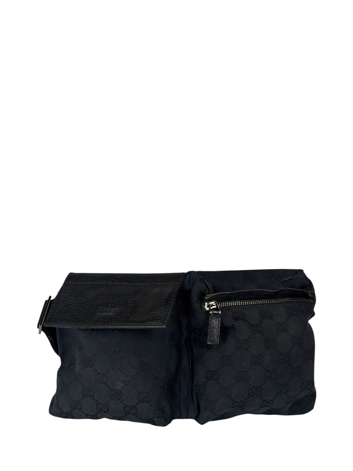Gucci Black Leather Trim GG Double Pocket Bel Bag