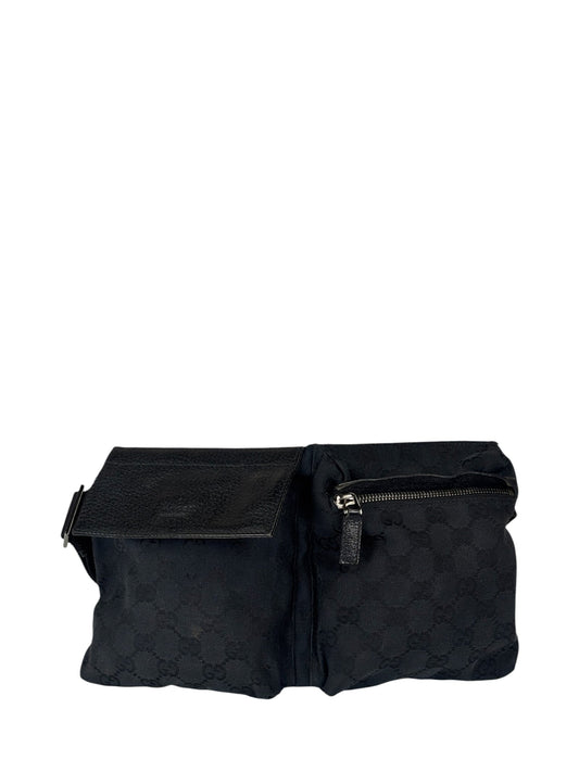 Gucci Black Leather Trim GG Double Pocket Bel Bag
