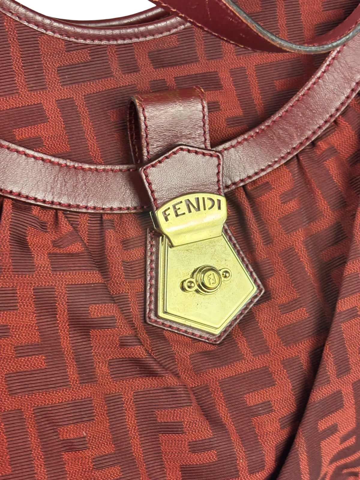 Fendi Red Leather Trim Zucca Chef Tote