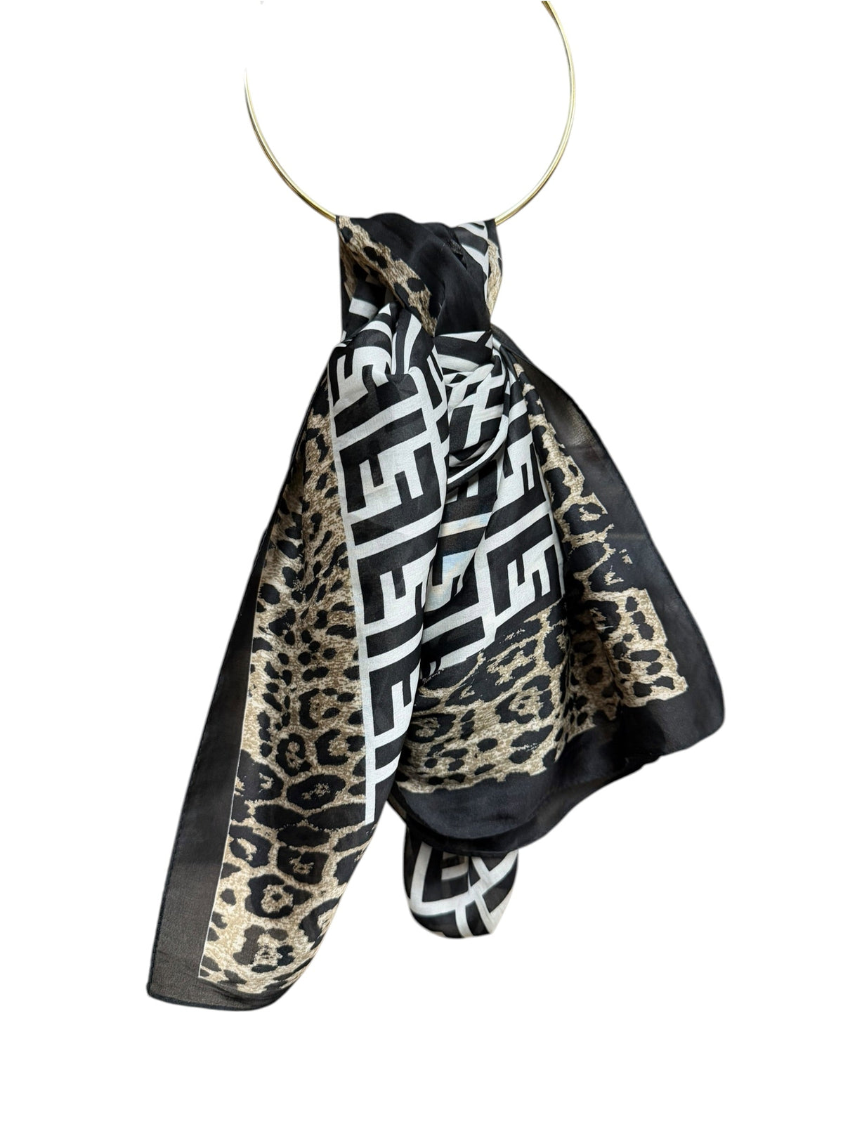Fendi Black/White Zucca Print Leopard Print Border Silk Scarf