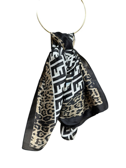 Fendi Black/White Zucca Print Leopard Print Border Silk Scarf