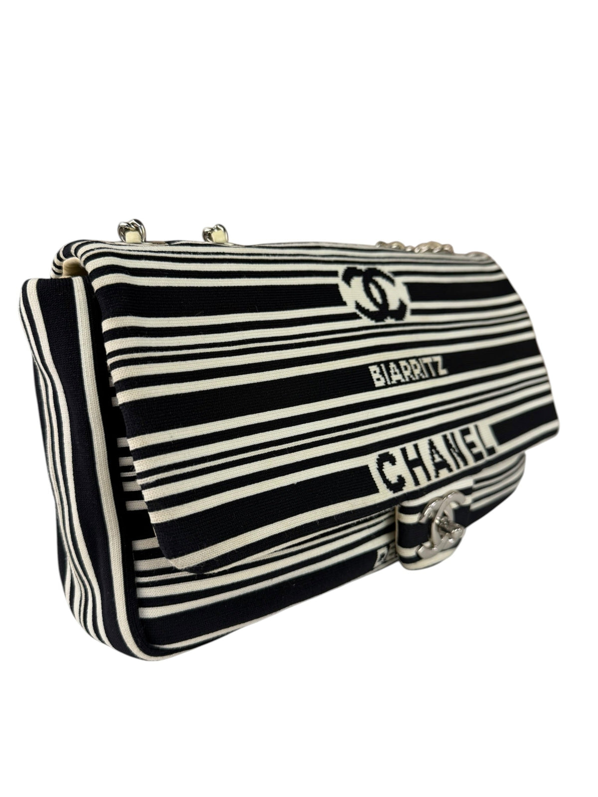 Chanel Black/White Leather Trim/Cloth Venise Biarritz Flap Bag 2019